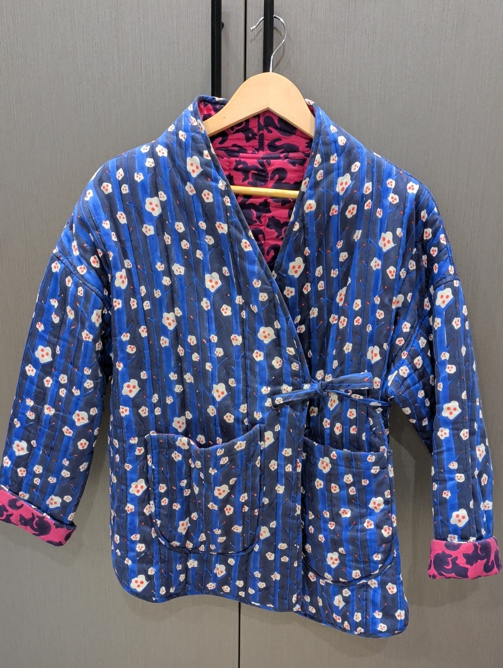Unique Handmade Blue Floral Quilted Wrap Kimono Jacket Block Print Squirrel